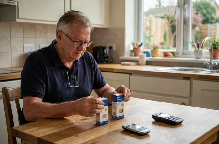 Homme senior comparant des offres de cartes SIM pour son téléphone Doro adapté aux personnes âgées