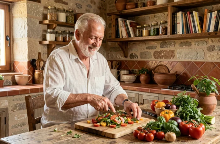 Homme senior préparant une salade colorée dans une cuisine rustique en pierre, illustrant une alimentation saine et équilibrée pour une vie épanouie après 60 ans