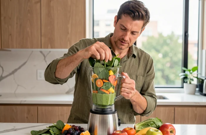 Homme préparant un smoothie aux légumes frais dans une cuisine moderne pour booster sa vitalité au quotidien
