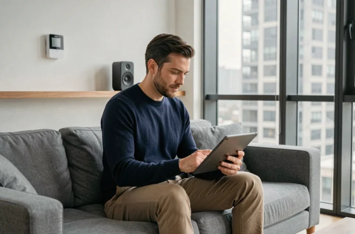 Homme contrôlant les appareils connectés de son salon via une tablette pour simplifier son quotidien