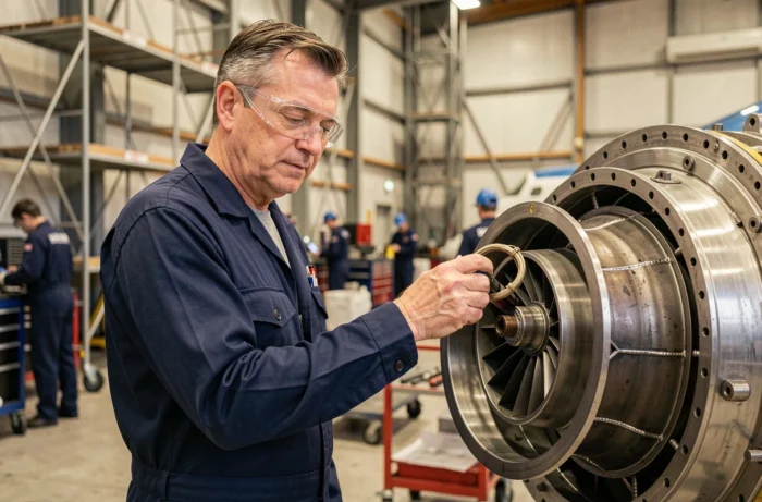 Ingénieur aéronautique inspectant un moteur à réaction dans un hangar de maintenance aéronautique