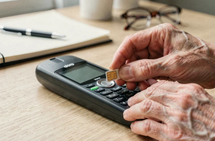Mains de personne âgée insérant une carte SIM dans un téléphone Doro senior, guide pratique de configuration