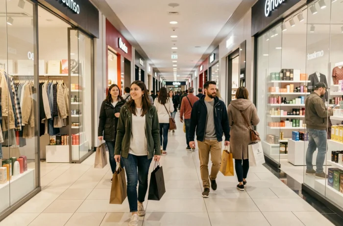 Intérieur animé du centre commercial de Dancharia avec des boutiques et des visiteurs faisant leurs achats dans le couloir principal