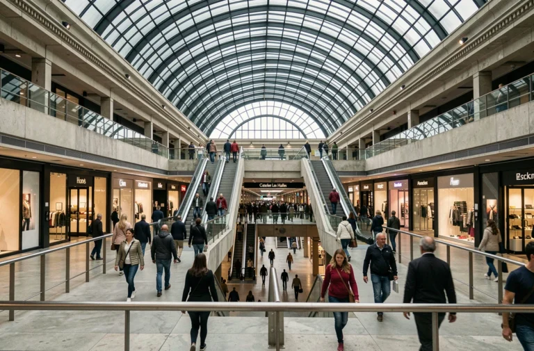 Vue grand angle de l'intérieur du forum des Halles à Paris avec ses escalators et ses nombreux passants