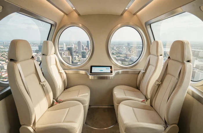 Intérieur futuriste d'une navette volante urbaine avec sièges ergonomiques et fenêtres panoramiques