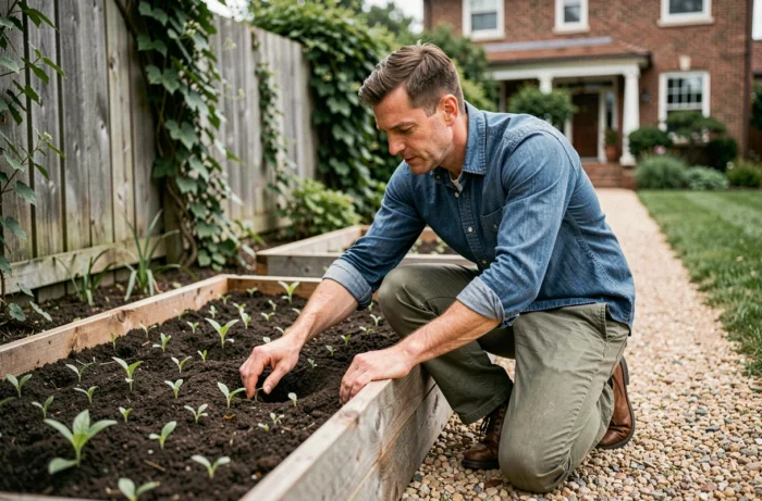 Homme plantant des jeunes plants dans un potager surélevé en bois dans un jardin de banlieue verdoyant