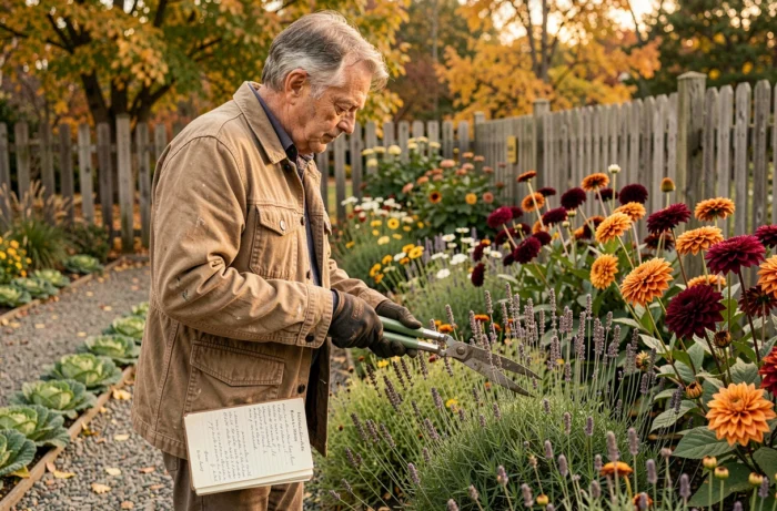 Jardinier senior taillant des lavandes en automne le long d'une bordure mixte de fleurs et légumes colorés