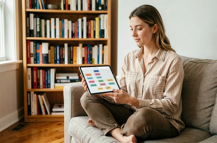 Une jeune femme consulte un sitemap hiérarchique sur une tablette dans un bureau à domicile chaleureux