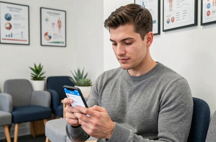 Jeune homme consultant son application de mutuelle santé dans une salle d'attente médicale