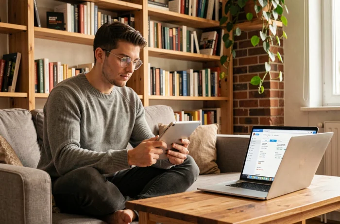 Jeune homme en télétravail consultant une application de planification de contenu sur tablette pour optimiser sa stratégie digitale depuis son bureau à domicile