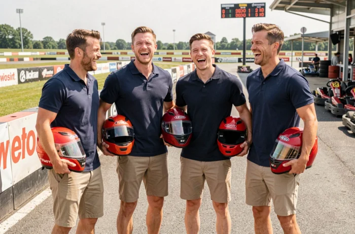 Groupe d'amis en tenue assortie posant sur un circuit de karting lors d'un EVG