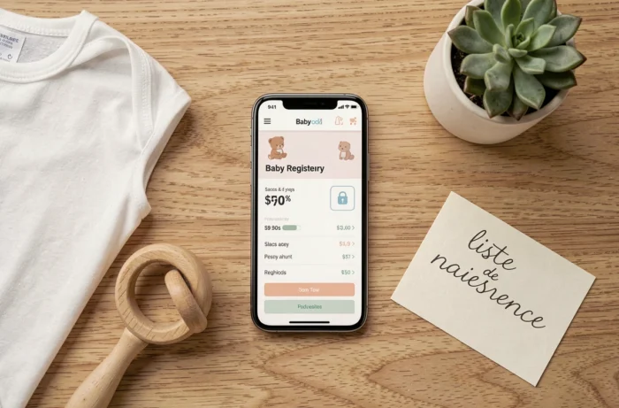 Vue de dessus d'un bureau avec un smartphone affichant une liste de naissance en ligne et des articles pour bébé