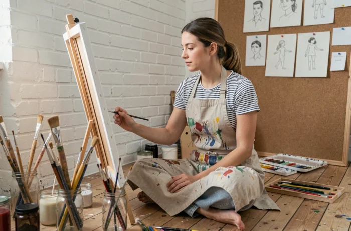 Femme adulte peignant une toile dans un atelier créatif à la maison, entourée de pinceaux et de matériel artistique