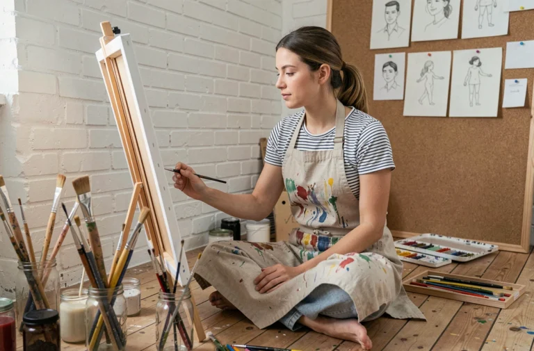 Femme adulte peignant une toile dans un atelier créatif à la maison, entourée de pinceaux et de matériel artistique