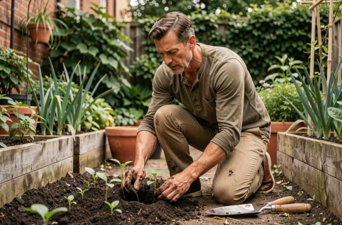 Homme d'âge mûr jardинant dans un potager urbain, replantant des semis dans un bac en bois au jardin