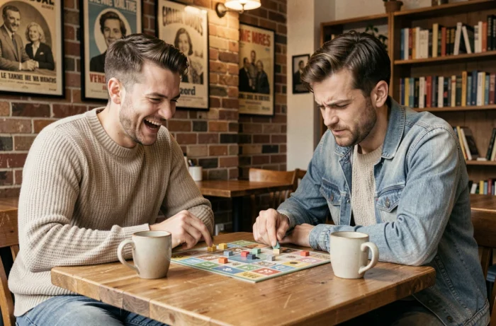Deux amis jouant à un jeu de société dans un café chaleureux, partageant un moment de divertissement convivial
