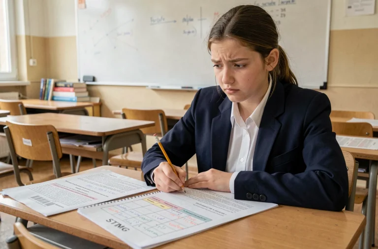 Lycéenne STMG concentrée devant un tableau de caractérisation incomplet sur son bureau scolaire