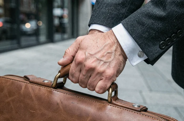 Détail des mains d'un homme tenant une mallette en cuir pleine fleur de qualité premium en milieu urbain