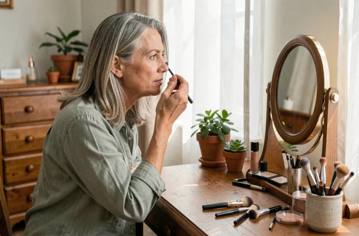 Femme mature appliquant du mascara devant un miroir de coiffeuse en bois, astuce maquillage beauté quotidienne
