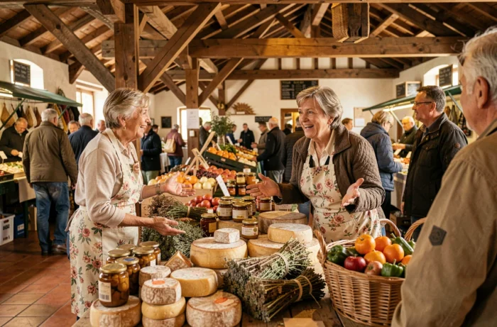 Marché couvert animé dans une bastide du Pays d'Orthe, étalage de produits locaux landais avec productrice en tablier floral