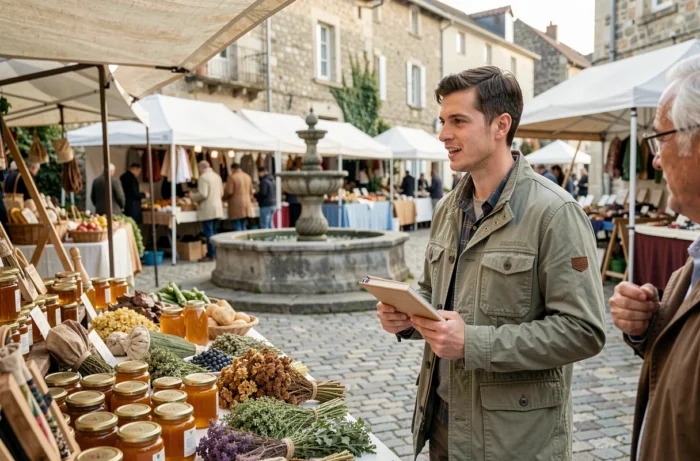 Jeune entrepreneur discutant avec un producteur local sur un marché artisanal en plein air dans un village autour de Beynat, Corrèze