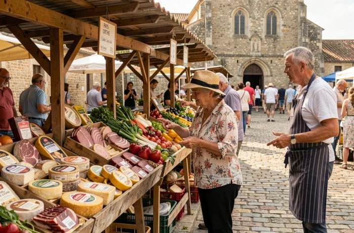 Marché local en plein air avec produits régionaux dans un village du Pays d'Orthe, Landes