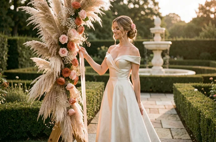 Mariée élégante près d'un arche de mariage en bois ornée de pampa, roses et lunaire dans un jardin néoclassique