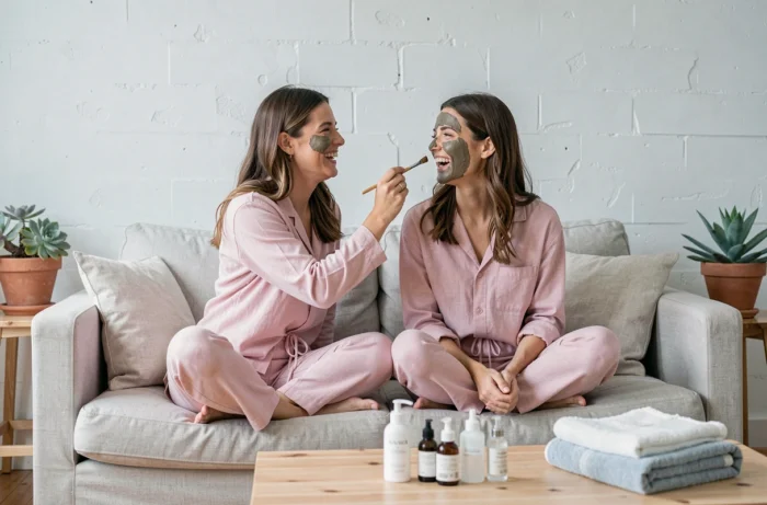 Deux amies appliquant un masque argile ensemble sur un canapé en lin, soin visage beauté maison entre amies