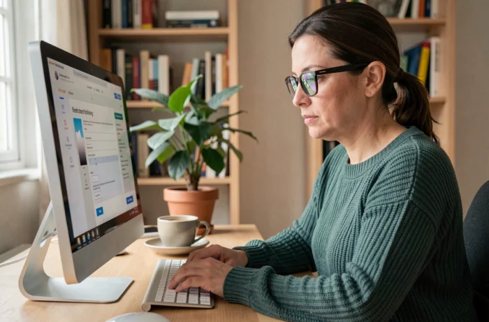 Mère créant son propre compte parent sur une plateforme familiale numérique depuis son bureau à domicile