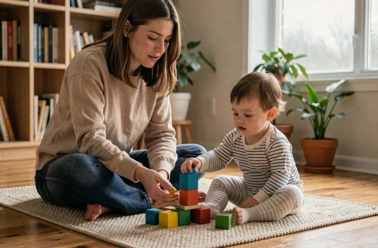 Mère accompagnant son tout-petit dans un jeu éducatif de construction en bois sur le sol d'un salon chaleureux