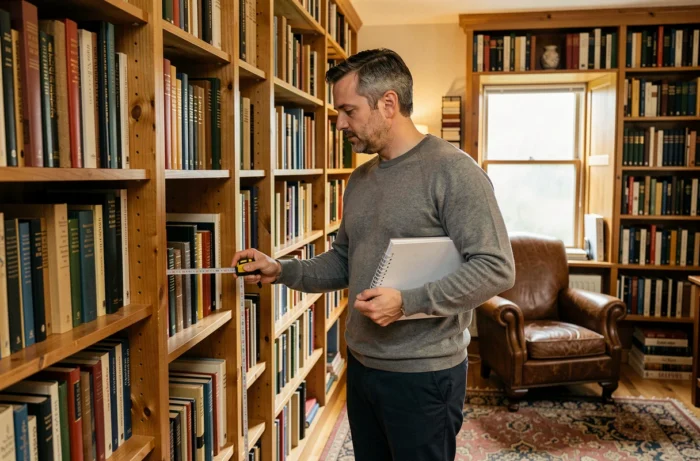Homme mesurant une niche de bibliothèque intégrée pour optimiser l'espace de sa maison