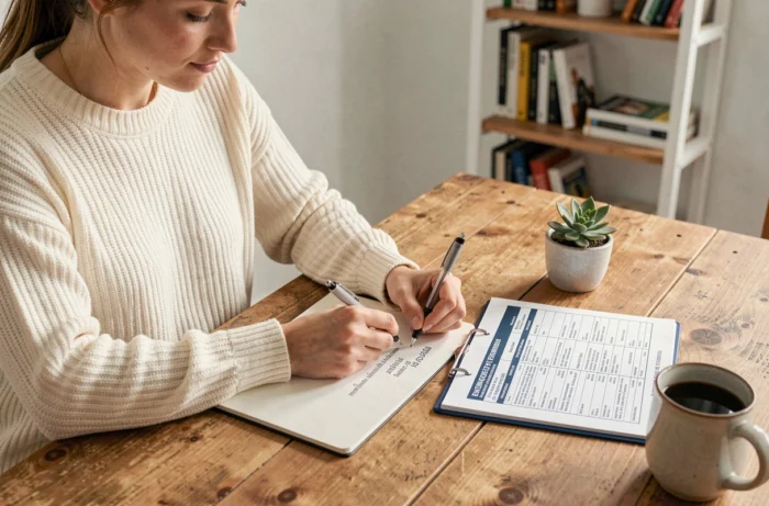 Jeune femme notant l'adresse et les coordonnées clés d'une entreprise sur un bloc-notes depuis un annuaire professionnel