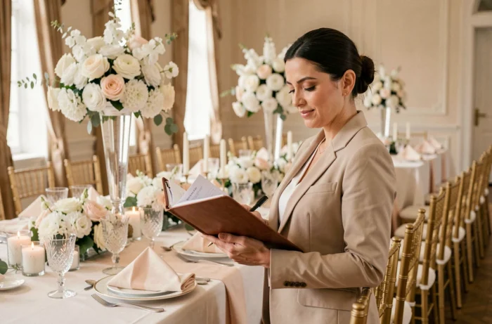 Coordinatrice de mariage inspectant la décoration d'une table de réception élégante dans une salle de banquet, organisation parfaite d'un mariage