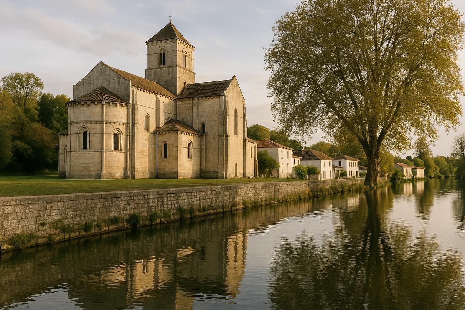 Église abbatiale romane en pierre claire au bord d’une rivière calme, à côté d’un petit village aux toits de tuiles