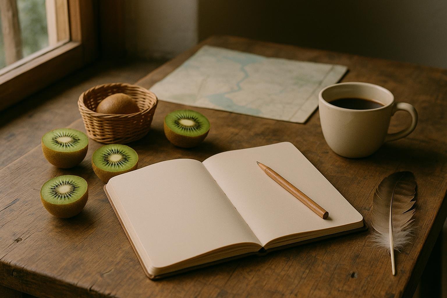 Carnet ouvert et crayon, kiwis coupés en deux, petit panier, carte pliée, tasse de café et plume sur une table en bois