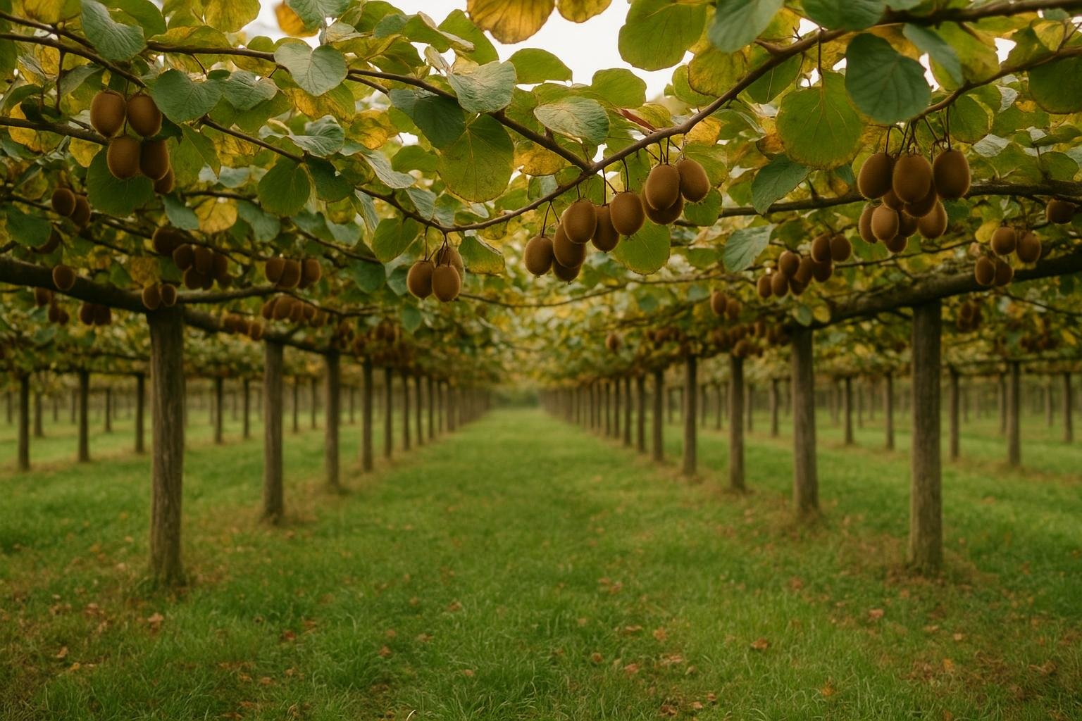 Verger de kiwis sous de hautes pergolas en bois, grappes de fruits bruns suspendues sous les feuilles