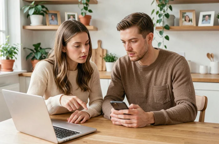 Couple de parents créant un compte familial en ligne sur un ordinateur portable dans leur cuisine moderne