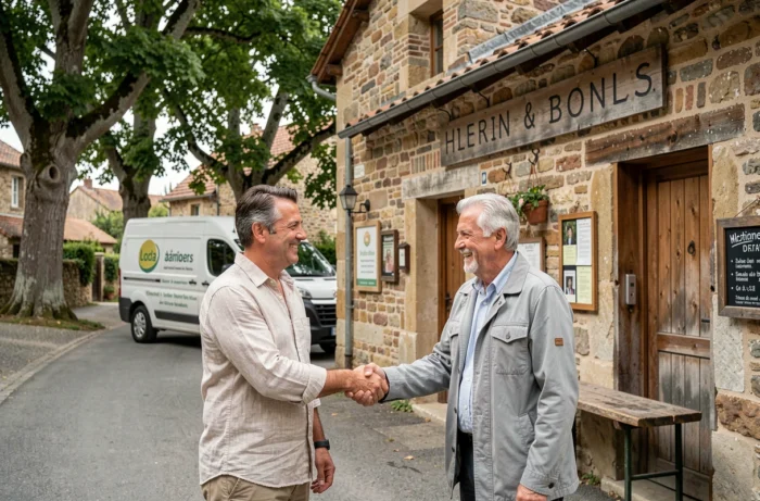 Deux entrepreneurs se serrant la main devant un atelier artisanal en pierre dans un village rural proche de Beynat en Corrèze