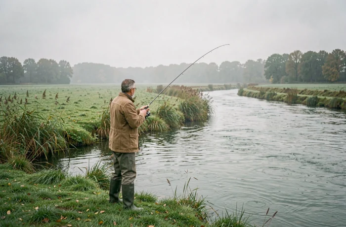 Pêcheur à la mouche dans les eaux du Gave d'Oloron au cœur des Arrigans, paysage de prairies verdoyantes et de saules en automne