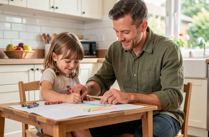 Père aidant sa fille d'âge préscolaire à dessiner à une petite table dans une cuisine familiale lumineuse