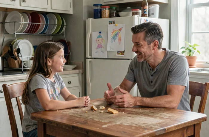 Père et sa fille ayant une conversation sincère et ouverte autour de la table de cuisine familiale
