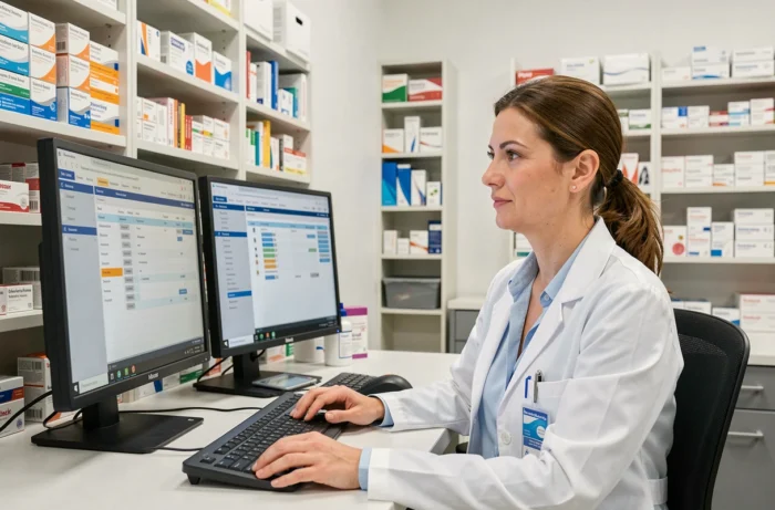 Pharmacienne professionnelle utilisant un logiciel de gestion pharmaceutique en ligne sur ordinateur dans une officine moderne