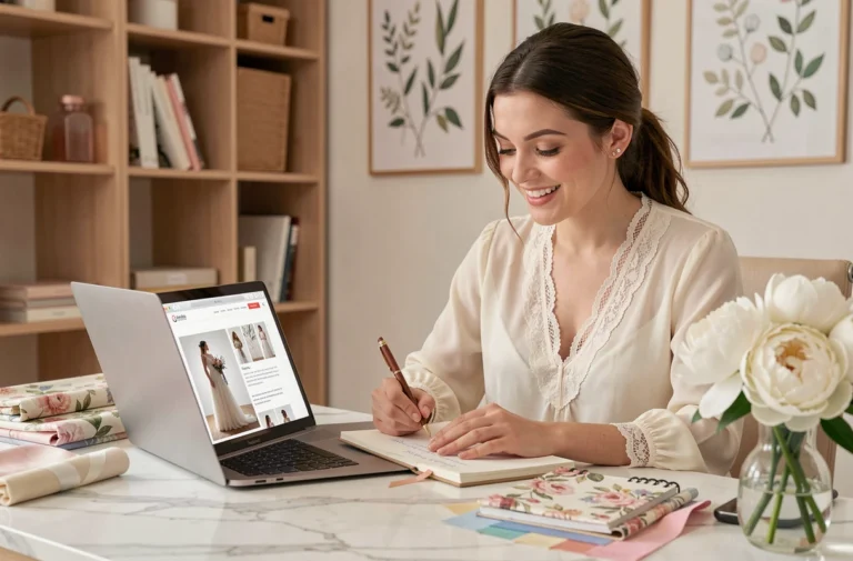 Jeune femme planifiant son mariage en ligne depuis un bureau élégant avec échantillons de tissus et carnet de notes