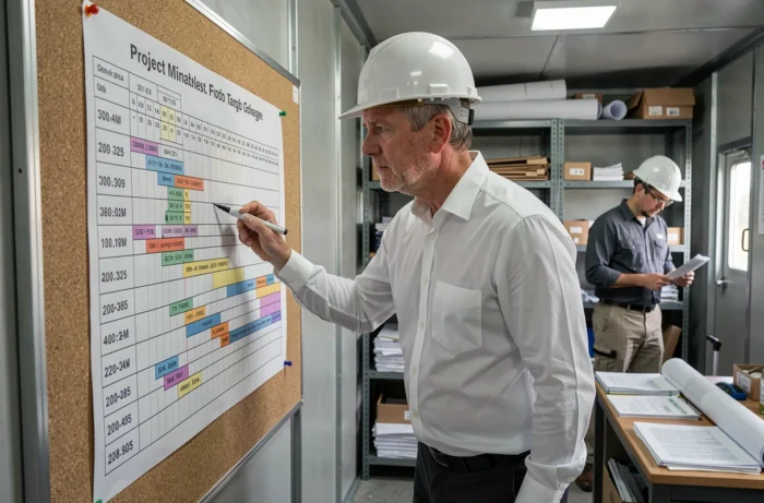 Chef de projet pointant les jalons de paiement sur un planning de chantier affiché dans un bureau de chantier