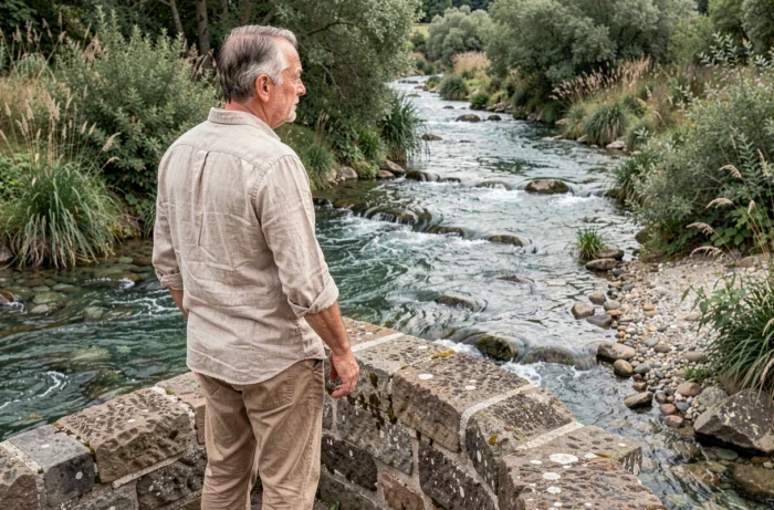 Homme sur un vieux pont en pierre au-dessus du Gave d'Oloron dans le Pays d'Orthe, Landes