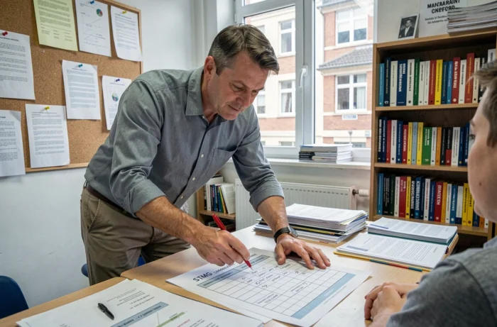 Professeur de STMG corrigeant les erreurs d'un tableau de caractérisation avec un stylo rouge en salle de cours
