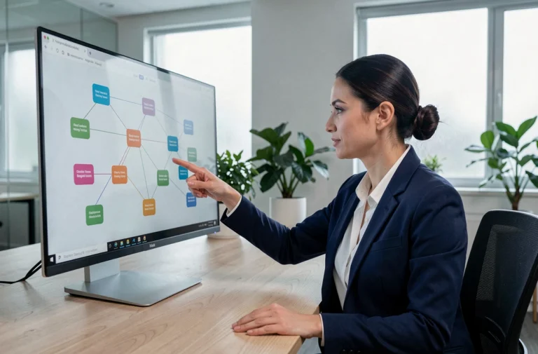 Une professionnelle analyse la structure d'un sitemap de site web sur un grand écran dans un bureau moderne