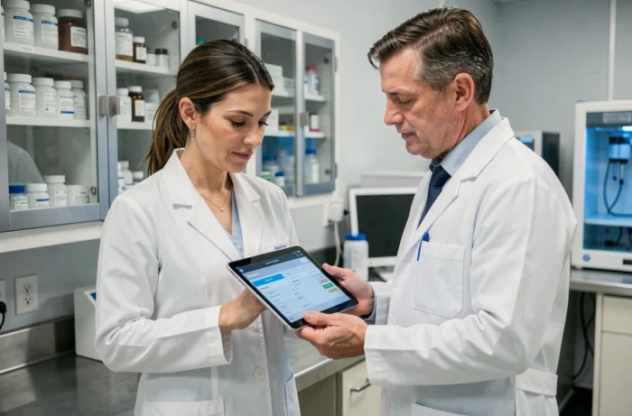 Deux professionnels de santé collaborant sur une plateforme pharmaceutique en ligne dans un laboratoire clinique moderne