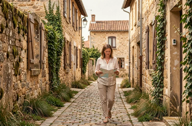 Femme se promenant dans une ruelle pavée typique du Pays d'Orthe, entre maisons en pierre et volets en bois, ambiance village gascon authentique