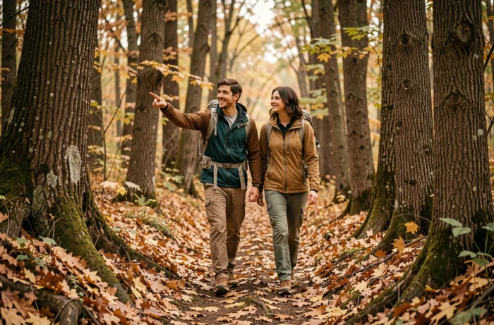 Couple de randonneurs sur un sentier forestier automnal dans les Arrigans, feuilles de platanes au sol et ambiance nature préservée